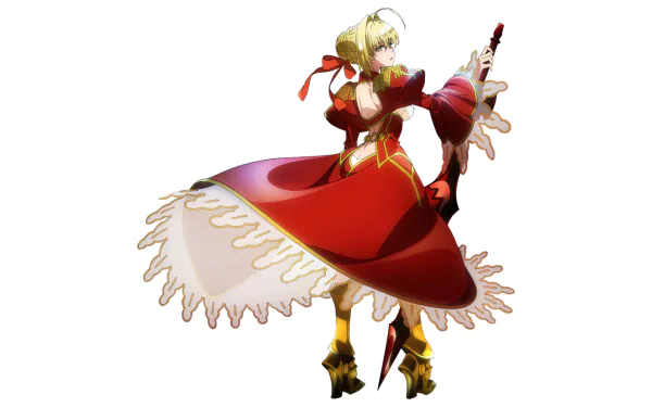 HD PC desktop wallpaper featuring Nero Claudius from the anime Fate/Extra Last Encore, part of the Fate series, dressed in her iconic red outfit with a sword.
