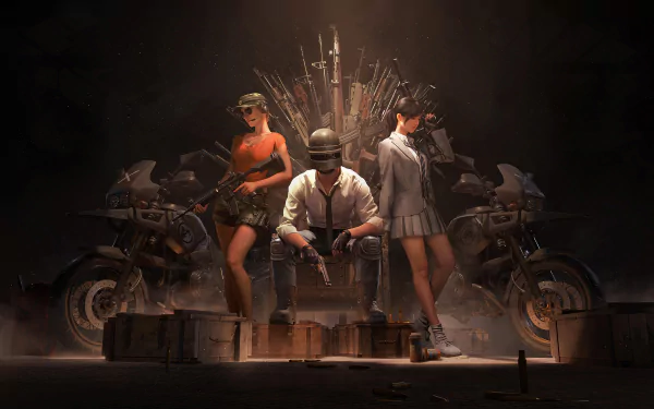 HD desktop wallpaper featuring characters from the video game Playerunknown's Battlegrounds in a dramatic pose, with one character seated on a throne of weapons and two characters flanking them.