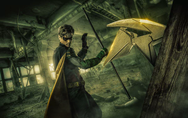 HD desktop wallpaper featuring Dick Grayson as Robin from the Titans TV show, striking a dynamic pose in a dimly lit, abandoned industrial setting.