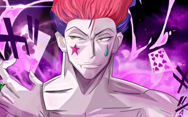 HD wallpaper of Hisoka from Hunter × Hunter featuring vibrant colors and intense facial expression, with playing cards and a purple background.