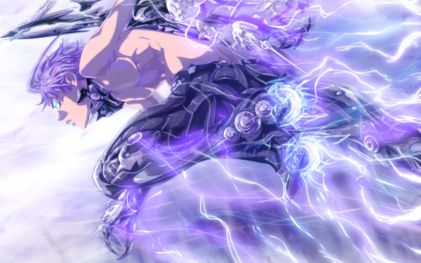 HD PC desktop wallpaper featuring Nue from the anime Air Gear, surrounded by vibrant purple lightning effects in dynamic motion.