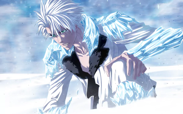 HD anime desktop wallpaper featuring Tōshirō Hitsugaya from Bleach, depicted with ice elements and a cool, intense expression against a snowy background.
