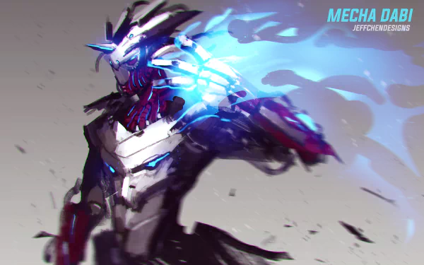 An HD desktop wallpaper featuring a mecha version of Dabi from Boku No Hero Academia, with blue flames and a dynamic pose. Text in the corner reads MECHA DABI, highlighting the character from My Hero Academia.