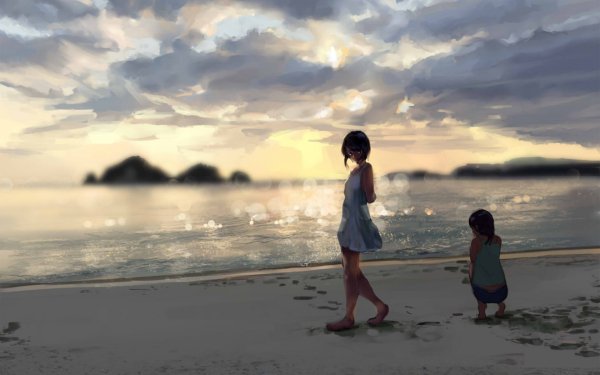 Anime Original Ocean Sunset Cloud Beach Seashore HD Wallpaper | Background Image