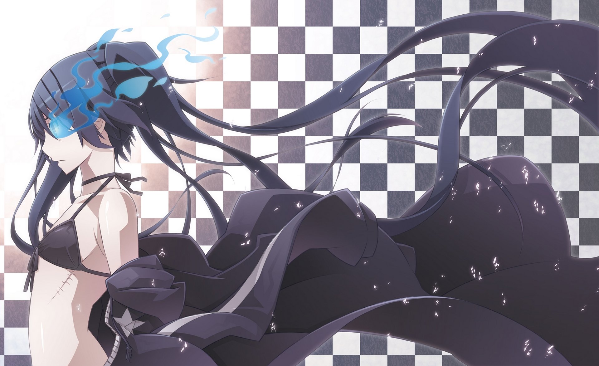 Anime wallpaper featuring Black Rock Shooter, showcasing a character with black twintails and striking blue eyes against a dynamic checkered background.