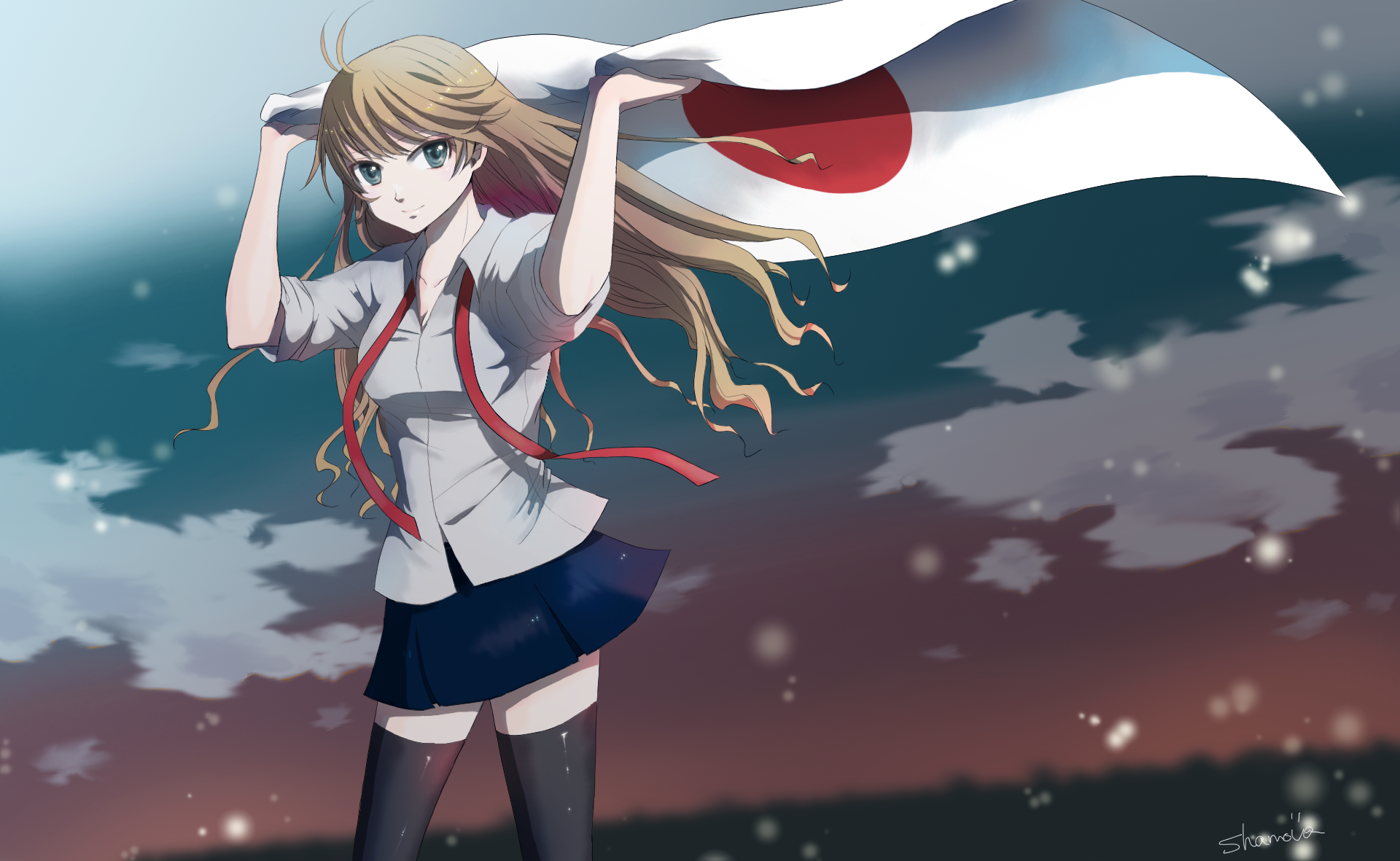 Anime original girl with brown hair and green eyes holds a waving flag beneath a starry night sky — HD PC desktop wallpaper and background.