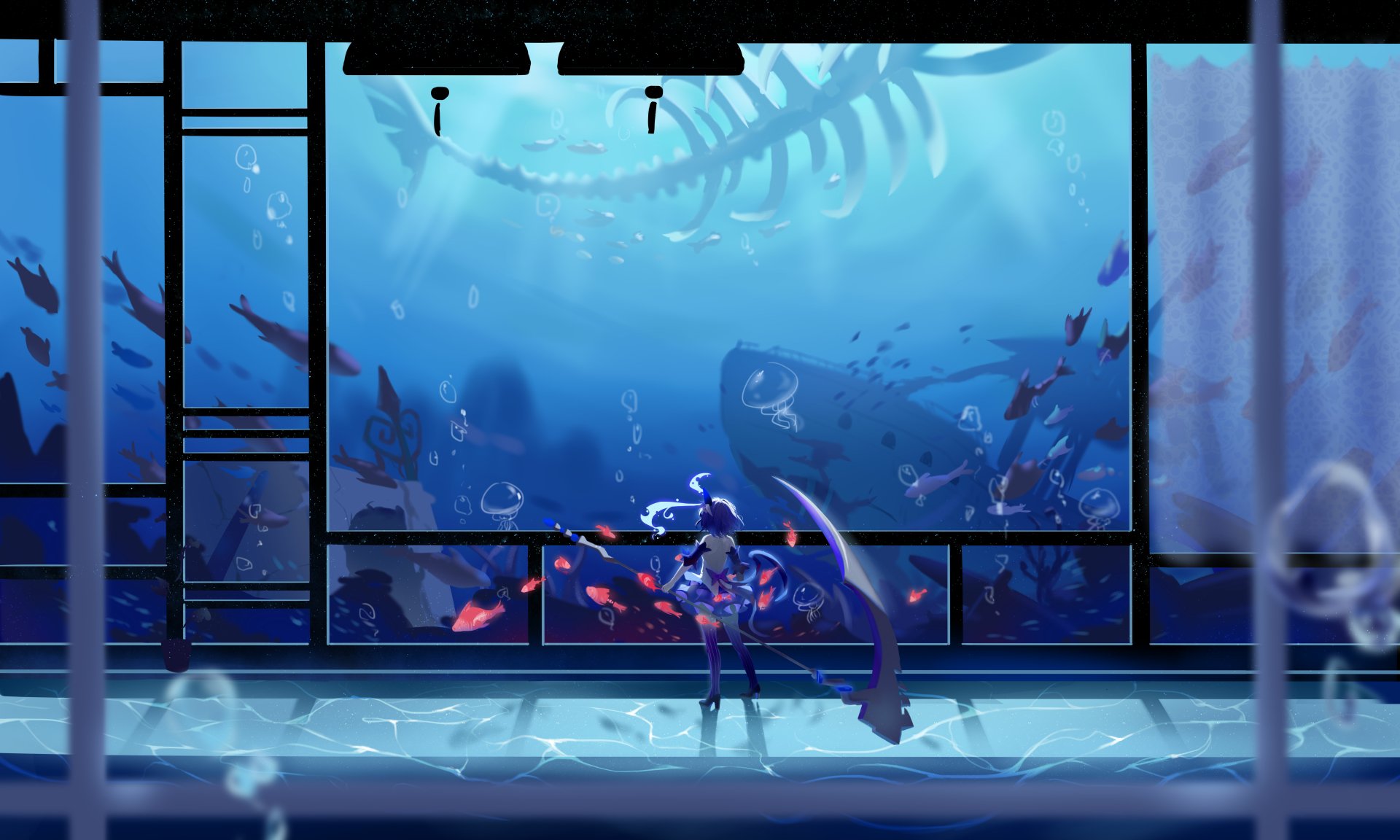 Seele Vollerei from Benghuai Xueyuan stands in an underwater observatory surrounded by glowing fish and a giant whale skeleton in this 8K Ultra HD anime wallpaper.