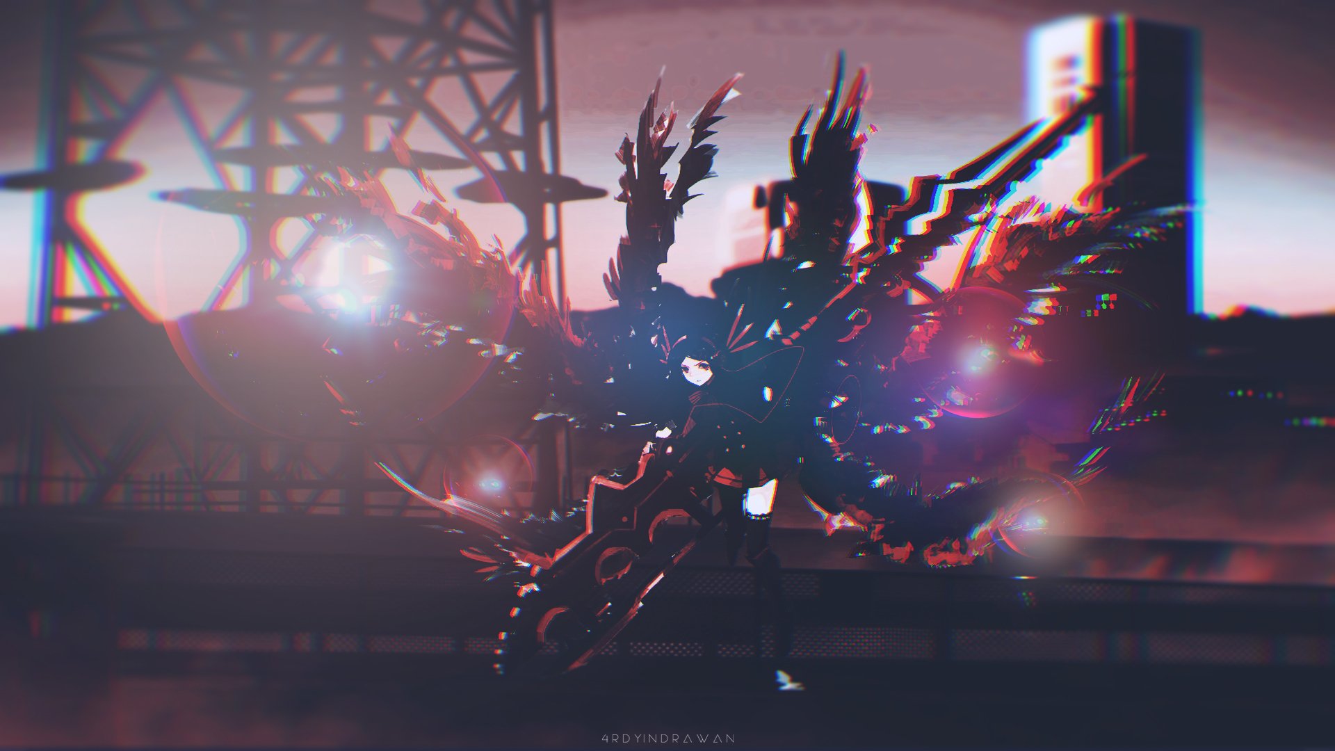 HD PC desktop wallpaper: dark, glitchy anime girl wielding a gun with mechanical, wing-like appendages against an industrial cityscape background.