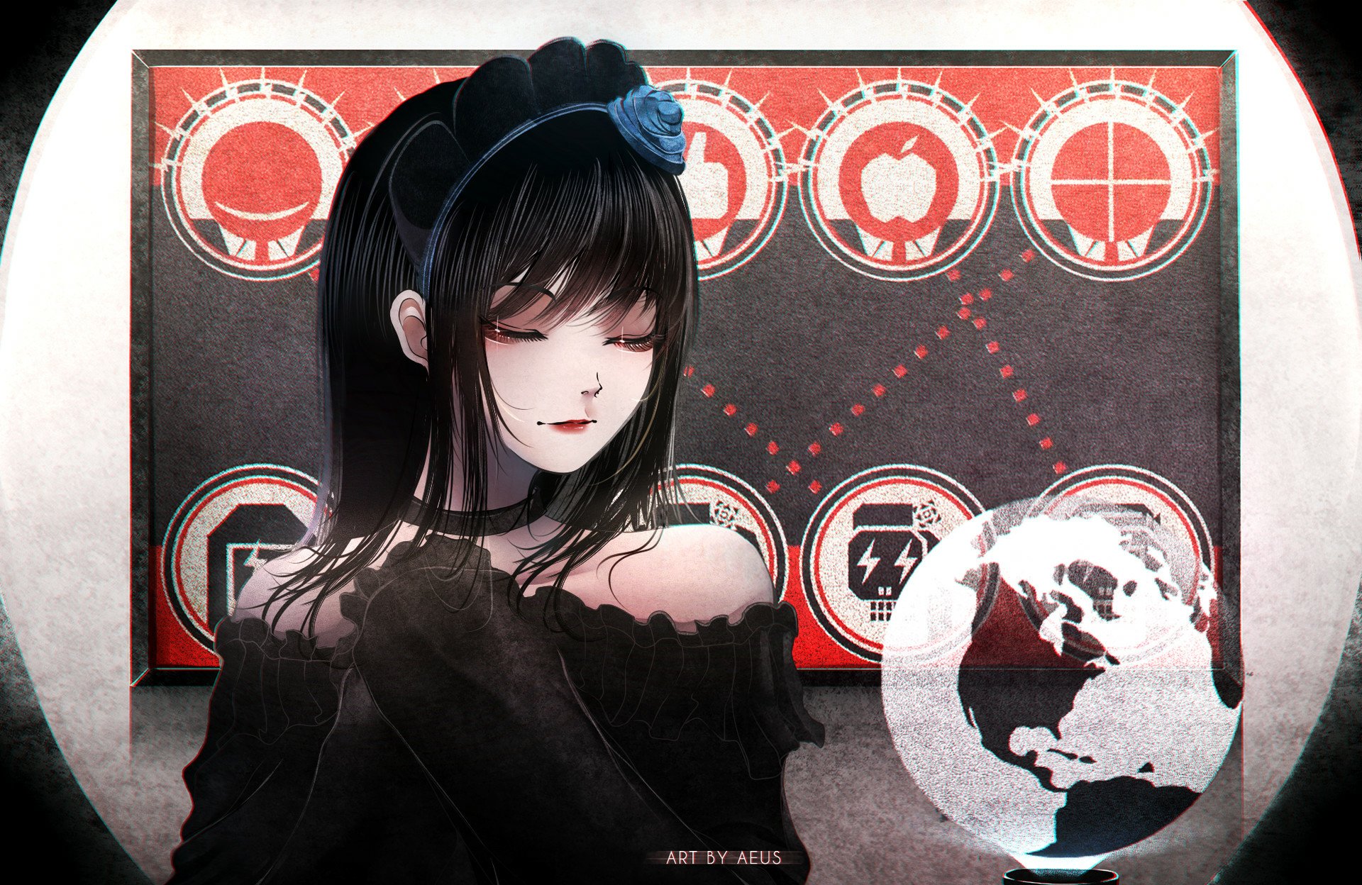 Anime original HD PC desktop wallpaper/background: serene dark-haired girl with blue rose in hair, eyes closed, black off-shoulder dress before red HUD icons and a translucent globe.