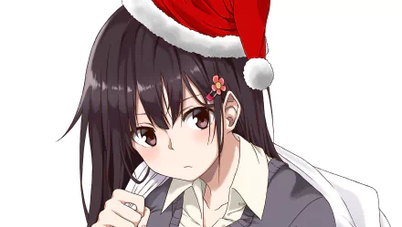 Anime-style original HD desktop wallpaper featuring a girl with long dark hair wearing a Santa hat and a gray school uniform against a white background.