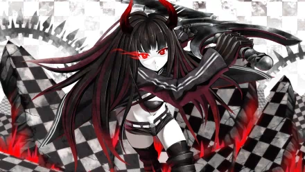 An anime character, Black Gold Saw from Black Rock Shooter, wielding a large sword. The HD wallpaper features her amid a black-and-white checkered background with fiery red accents.
