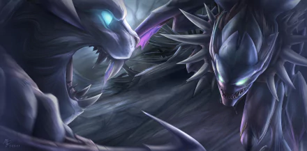 HD wallpaper featuring Kha'Zix and Rengar from League of Legends, depicted in an intense confrontation.