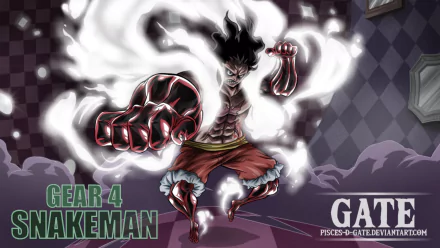 HD PC desktop wallpaper featuring Monkey D. Luffy in Gear Fourth Snakeman form from the anime One Piece, surrounded by swirling smoke and dynamic energy effects.