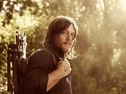 Daryl Dixon, played by Norman Reedus in The Walking Dead, featured in a 4K Ultra HD PC desktop wallpaper with a sunlit forest background.