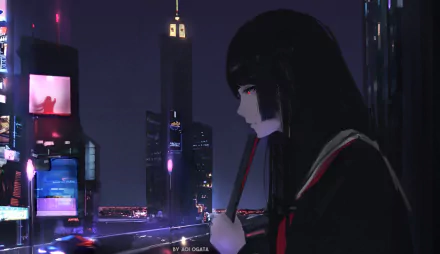 Anime character Ai Enma from Jigoku Shōjo gazes over a neon-lit cityscape at night in this HD desktop wallpaper and background.