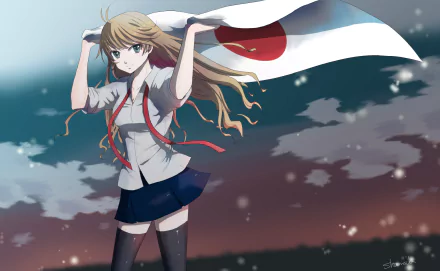 Anime original girl with brown hair and green eyes holds a waving flag beneath a starry night sky — HD PC desktop wallpaper and background.