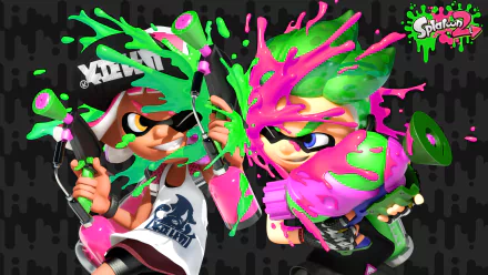 Splatoon 2 video game 4K Ultra HD PC desktop wallpaper/background featuring two Inklings clashing with neon pink and green ink splashes on a dark patterned backdrop.