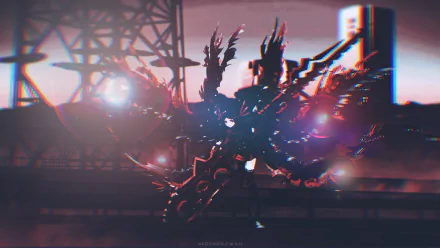 HD PC desktop wallpaper: dark, glitchy anime girl wielding a gun with mechanical, wing-like appendages against an industrial cityscape background.