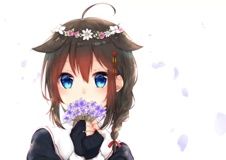 HD anime desktop wallpaper featuring Shigure from Kantai Collection, with bright blue eyes, a flower crown, and soft pastel floral accents on a white background.