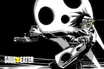 HD PC wallpaper featuring Death the Kid from the anime Soul Eater, shown in dynamic black-and-white art with his signature symmetrical pistols and the iconic skull symbol.