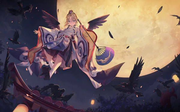 Anime-style HD PC desktop wallpaper featuring an Onmyoji character with wings, fan, and traditional attire against a glowing full moon and flying crows at dusk.