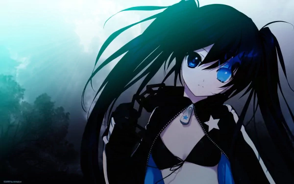 Anime-inspired HD desktop wallpaper featuring Black Rock Shooter, showcasing a character with striking blue hair and a unique outfit against a dramatic background.