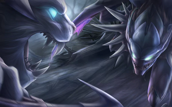 HD wallpaper featuring Kha'Zix and Rengar from League of Legends, depicted in an intense confrontation.