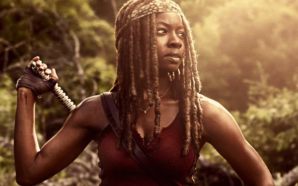 Michonne from The Walking Dead, armed with a katana, shown in a dramatic 2K Quad HD PC desktop wallpaper/background.