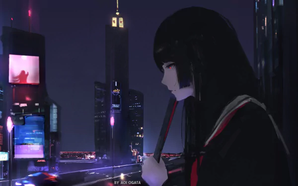 Anime character Ai Enma from Jigoku Shōjo gazes over a neon-lit cityscape at night in this HD desktop wallpaper and background.