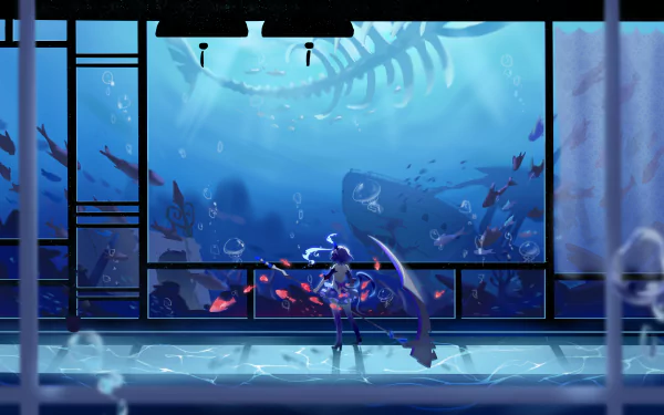 Seele Vollerei from Benghuai Xueyuan stands in an underwater observatory surrounded by glowing fish and a giant whale skeleton in this 8K Ultra HD anime wallpaper.
