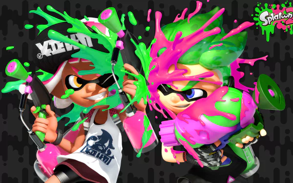 Splatoon 2 video game 4K Ultra HD PC desktop wallpaper/background featuring two Inklings clashing with neon pink and green ink splashes on a dark patterned backdrop.