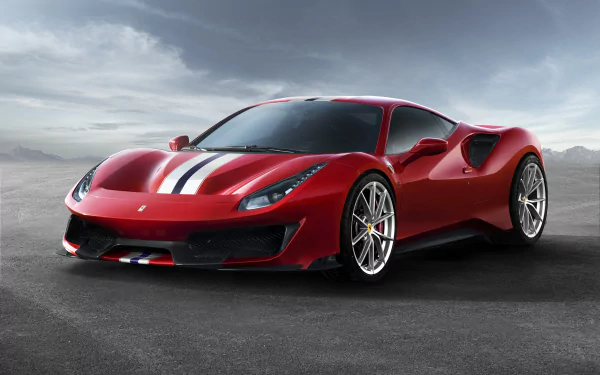 Red Ferrari 488 supercar with white racing stripe, low-slung on asphalt beneath a dramatic sky — 4K Ultra HD PC desktop wallpaper/background.
