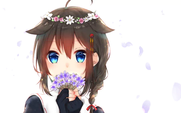 HD anime desktop wallpaper featuring Shigure from Kantai Collection, with bright blue eyes, a flower crown, and soft pastel floral accents on a white background.
