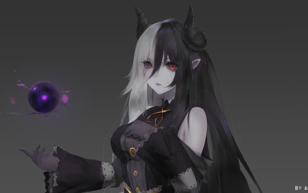 Anime Original Red Eyes Black Hair Horns Two-Toned Hair HD Wallpaper | Background Image