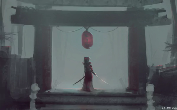A captivating HD desktop wallpaper featuring a samurai holding a sword, set in a mystical, foggy environment with a large red lantern illuminating the scene.