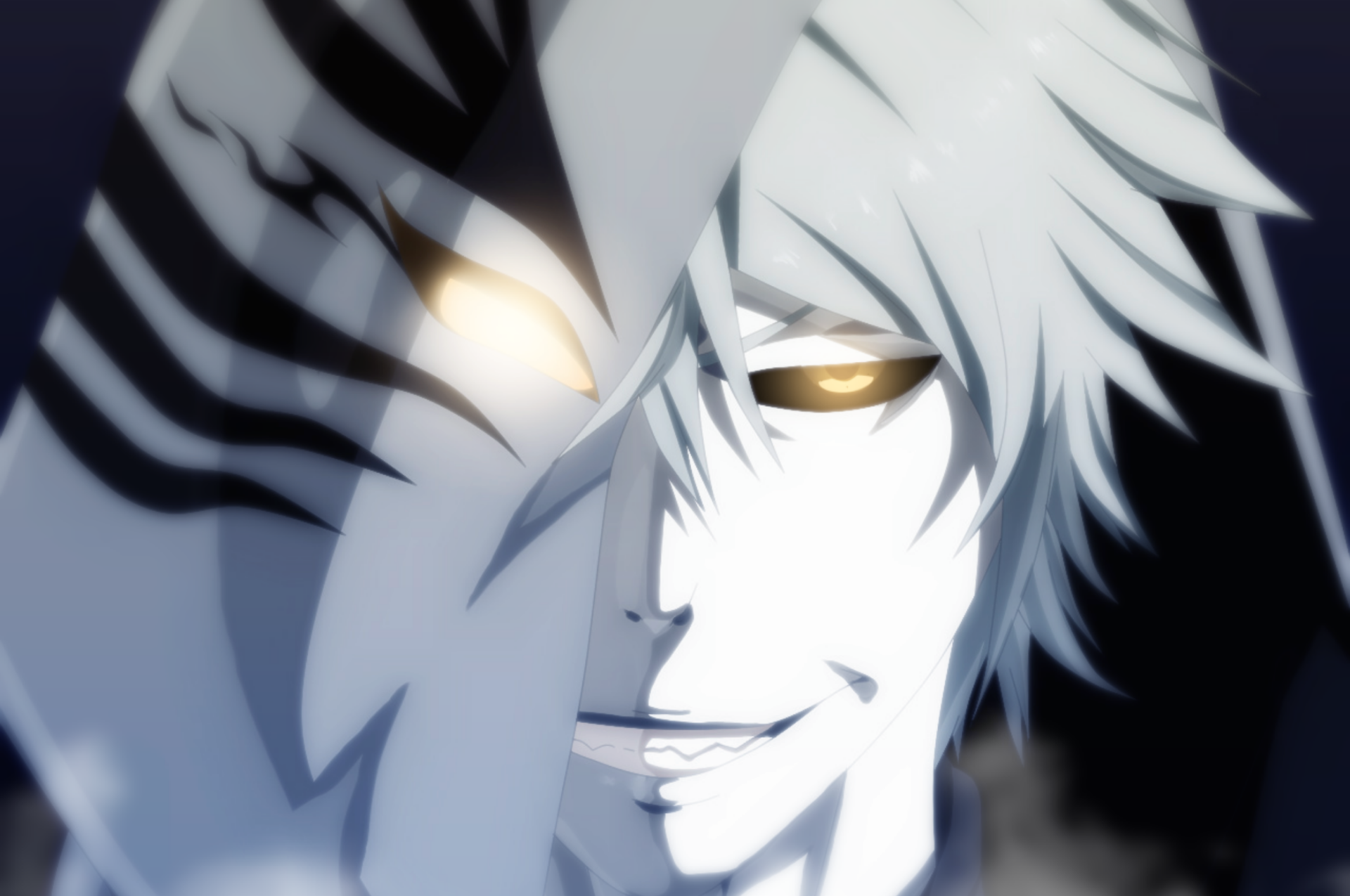 HD anime desktop wallpaper featuring Hollow Ichigo with white hair and golden eyes, alongside Zangetsu from Bleach.