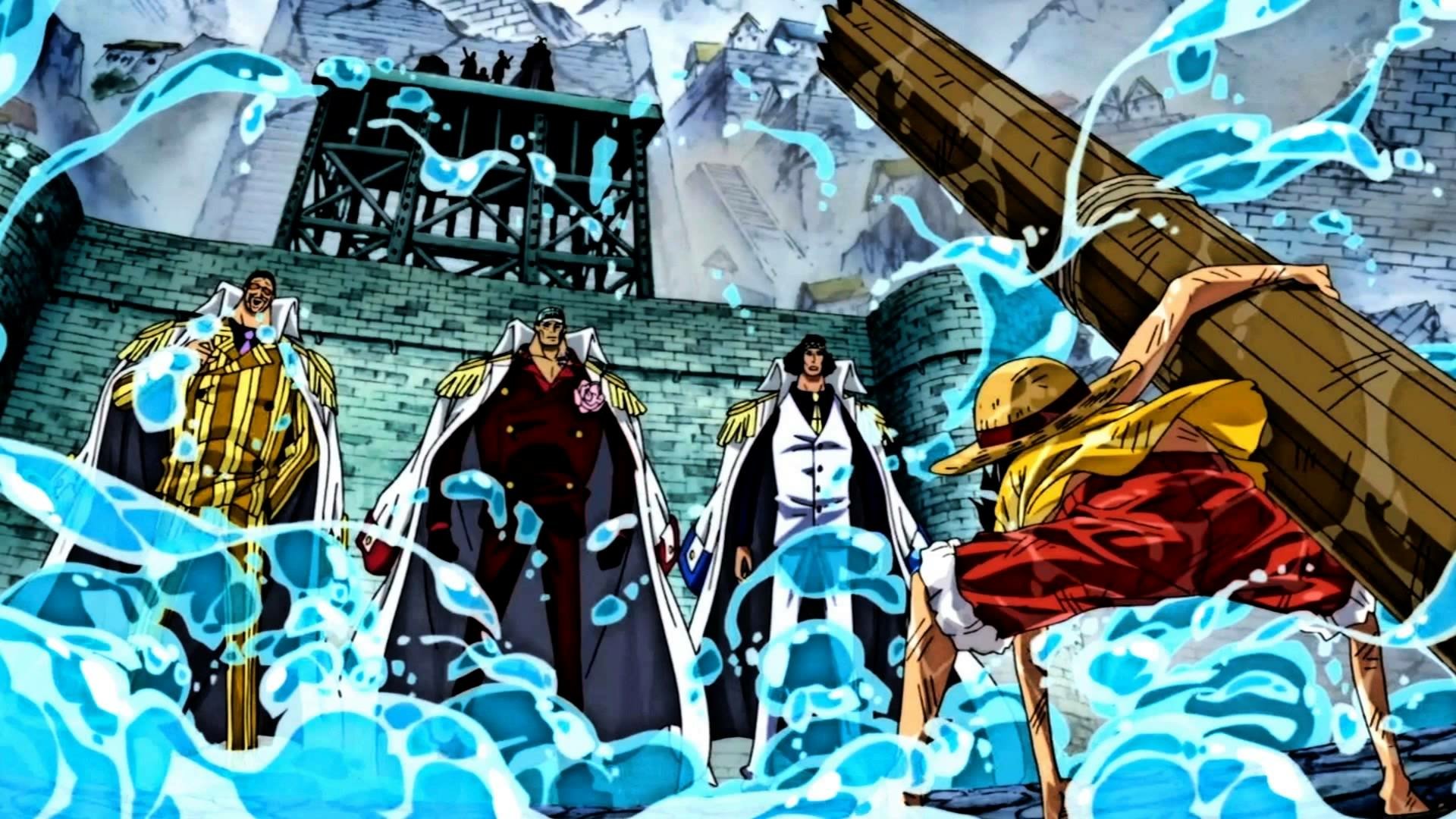 HD wallpaper of Monkey D. Luffy from One Piece. The scene shows Luffy in an intense moment, facing three marine admirals with icy water splashing around.