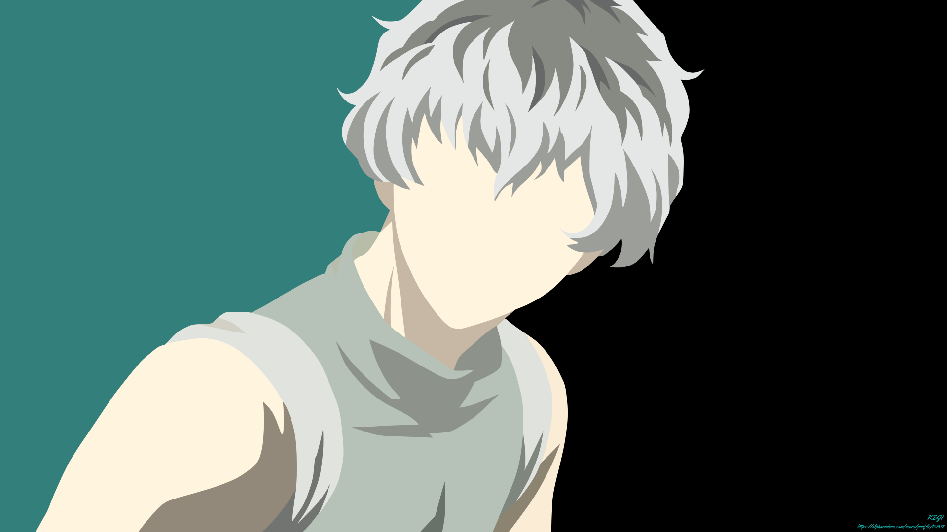 Minimalist 8K Ultra HD anime wallpaper of Haise Sasaki with white hair from Tokyo Ghoul:re, featuring clean lines and a muted teal background.