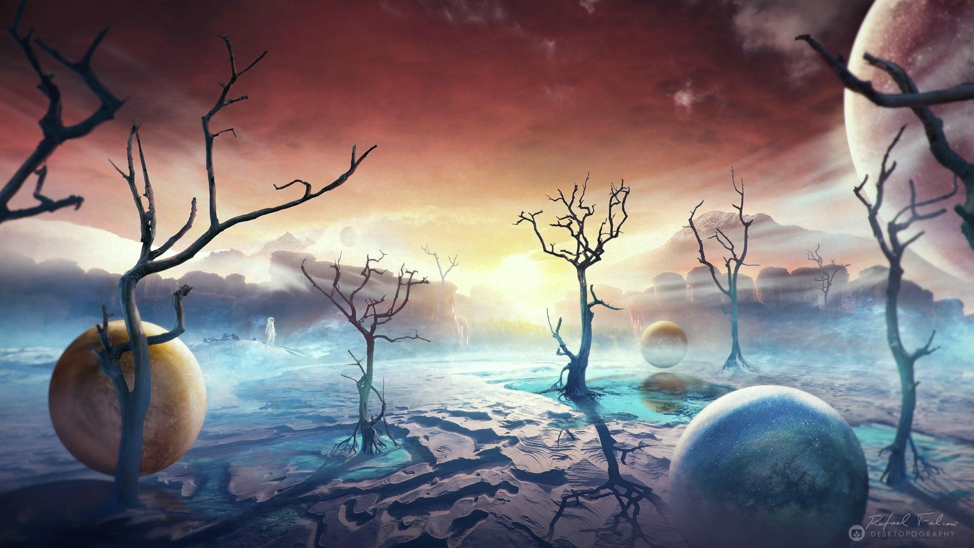 A surreal sci-fi landscape features barren trees and colorful planets under a dramatic sky, creating a captivating scene for a high-definition desktop wallpaper.