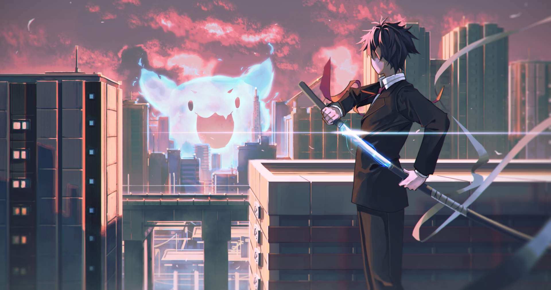 Anime character with brown hair and a tie holds a glowing sword while standing on a city rooftop, overlooking a giant, glowing creature in the sky. HD desktop wallpaper and background.