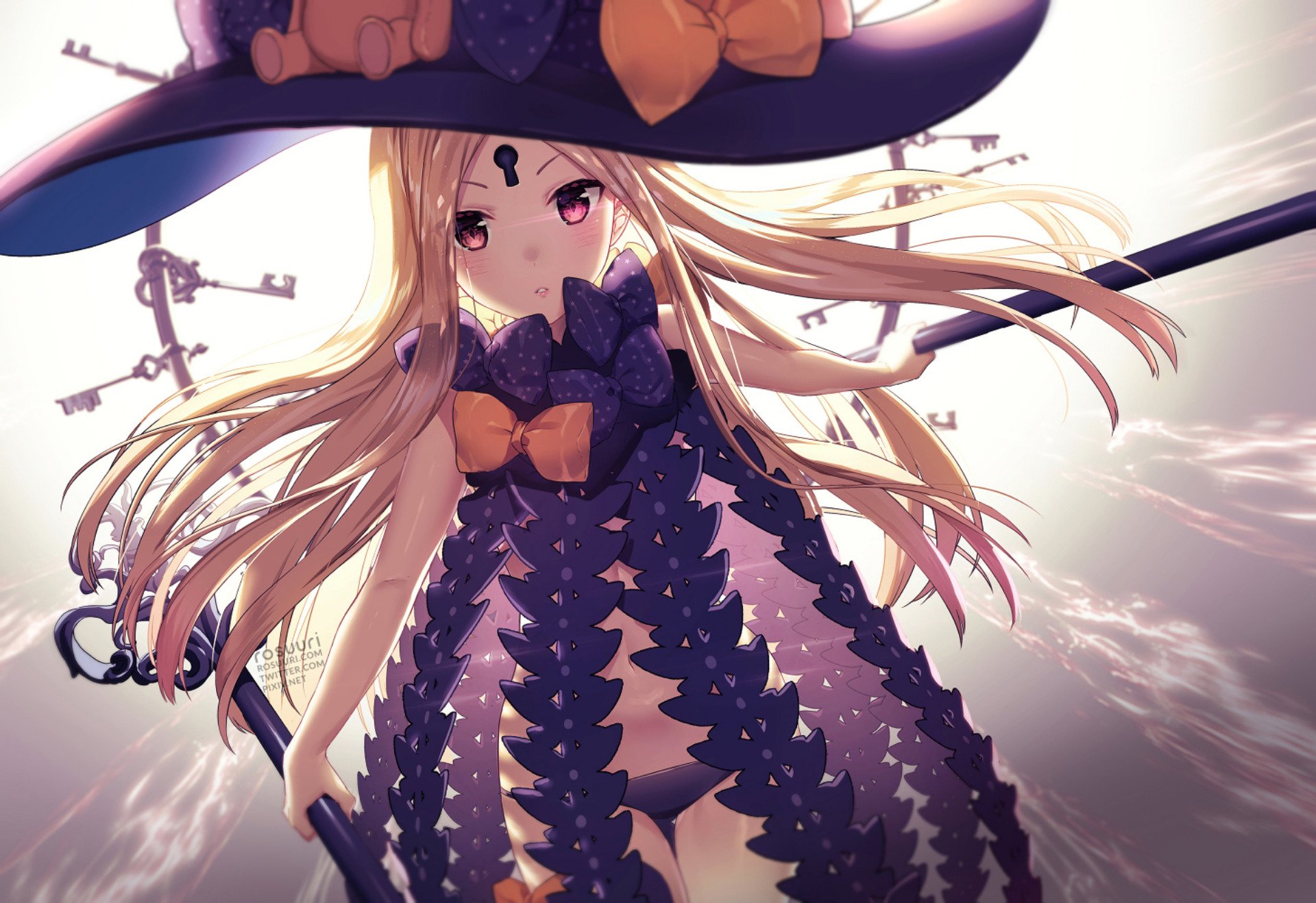 HD PC desktop wallpaper featuring Abigail Williams from Fate/Grand Order in detailed anime style, showcasing her signature witch hat and flowing blonde hair.