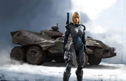 Blonde woman warrior in sci-fi armor stands confidently in front of a futuristic armored vehicle, set against a misty, overcast background.