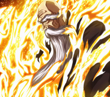 HD anime desktop wallpaper featuring Genryūsai Shigekuni Yamamoto from Bleach, surrounded by blazing flames and intense energy.