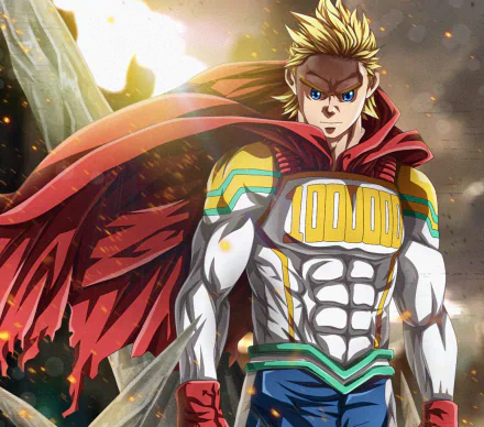 HD desktop wallpaper featuring Mirio Togata from My Hero Academia, depicted with intense blue eyes and a determined expression, clad in his hero costume with a flowing red cape against a dynamic background.
