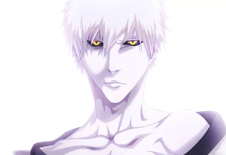 HD PC desktop wallpaper featuring Hollow Ichigo from the anime Bleach, showcasing his intense yellow eyes and pale complexion with a minimalist white background.