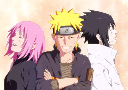 HD PC desktop wallpaper of Naruto Uzumaki smiling center, Sakura Haruno to the left and Sasuke Uchiha to the right — anime Naruto trio (Naruto & Sasuke) against a soft pastel background.