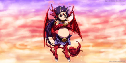 HD PC desktop wallpaper of Zepar and Sinbad from Magi: The Labyrinth of Magic — anime-style art showing Zepar in red demonic form against a vivid sunset sky