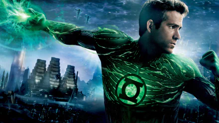 HD desktop wallpaper featuring Ryan Reynolds as Green Lantern in his glowing superhero suit with a futuristic cityscape background.