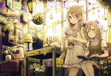 Anime-style 4K wallpaper featuring two blonde cat girls with yellow eyes, one holding flowers and the other reading a book, surrounded by flowers and soft lighting indoors.