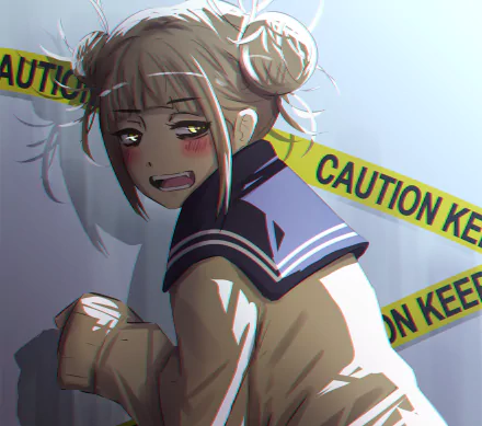 Himiko Toga from My Hero Academia in an anime-style HD desktop wallpaper, with caution tape in the background enhancing the intense atmosphere.